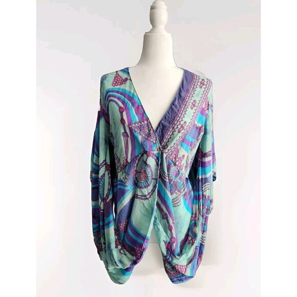 Jules Reid Women's Silk Flowing Kimono Turquoise Tunic Top Size 4 - Picture 1 of 7